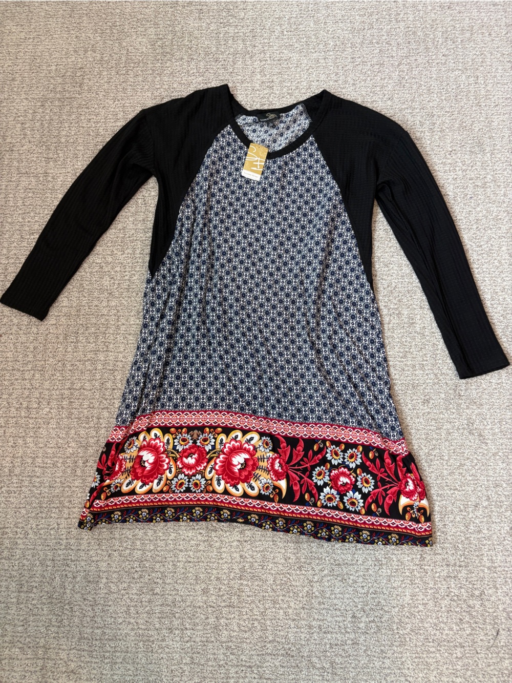 Suzanne Betro Boho Floral Border Black & Navy Raglan Tunic Dress Size Large